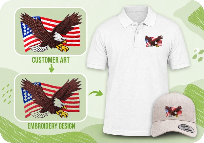 American eagle and flag artwork converted into an embroidery design, shown stitched onto a white polo shirt and beige cap.